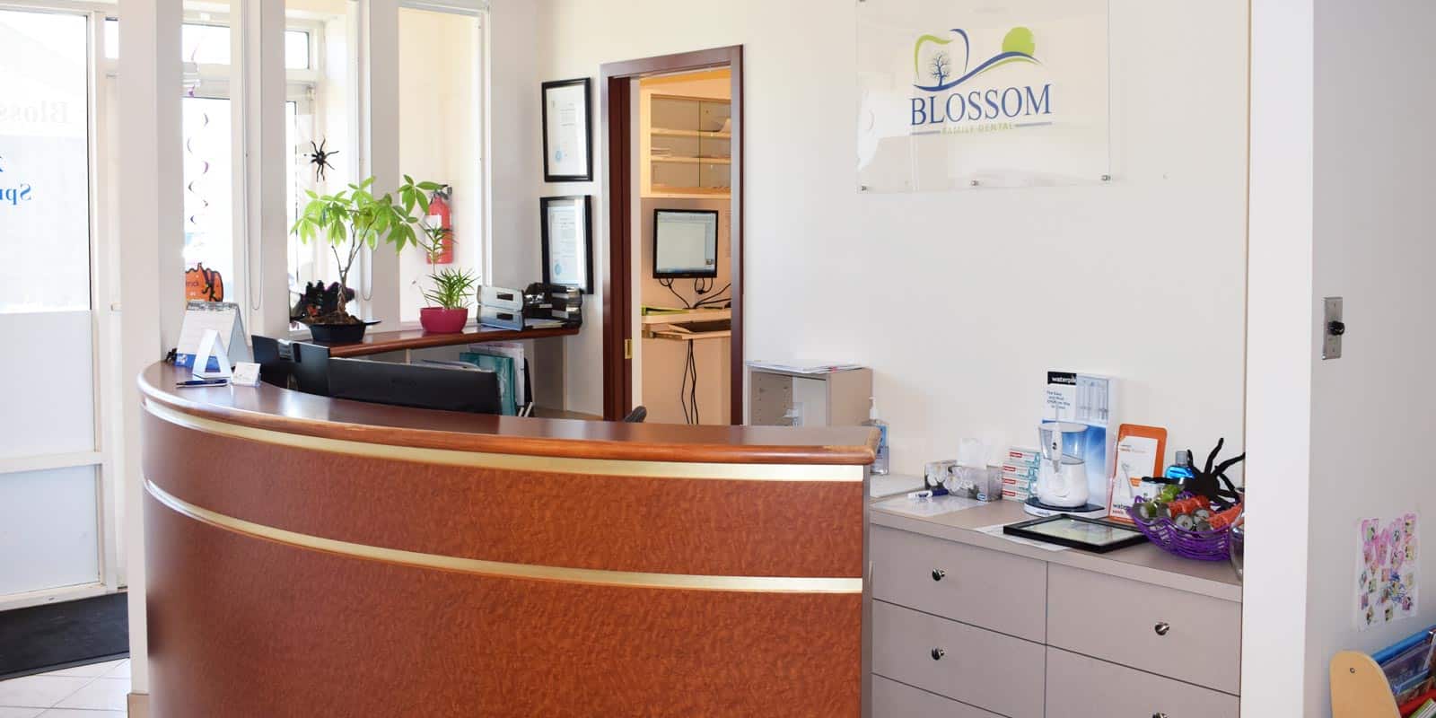 reception desk of blossom family dental