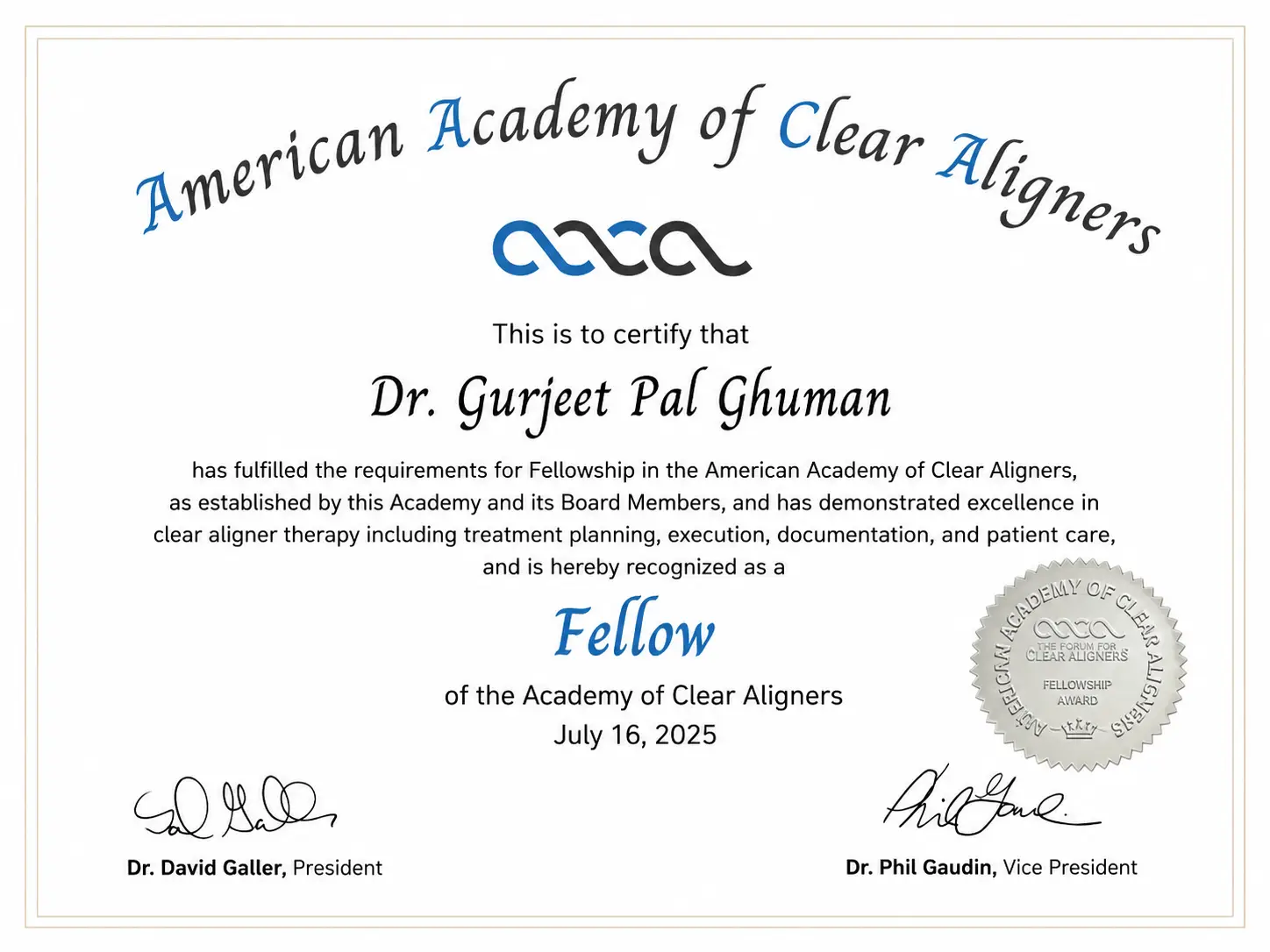 dr gurjeet pal ghuman aaca fellowship certificate